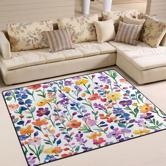Yayeee Area Rugs for Living Room 6.7'x4.8' Non Slip Washable Bedroom Floor Carpet, Purple Wildflower Pattern