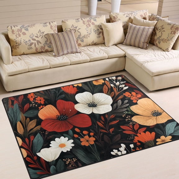 Yayeee Area Rugs for Living Room 6.7'x4.8' Indoor Non Slip Washable Bedroom Carpet, Red Flowers Pattern