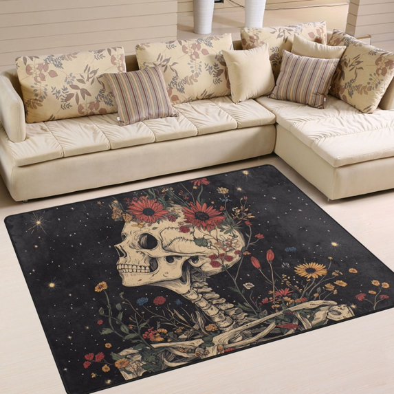 Yayeee Area Rugs for Living Room 6.7'x4.8' Indoor Non Slip Washable Bedroom Carpet, Skeleton with Flowers Pattern