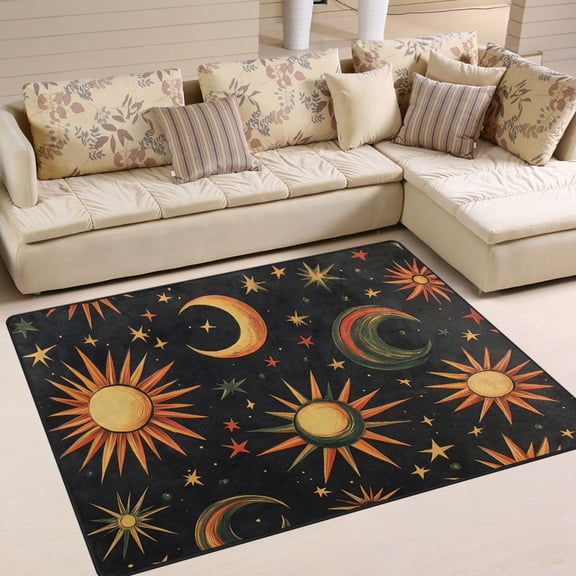Yayeee Area Rugs for Living Room 6.7'x4.8' Indoor Non Slip Washable Bedroom Carpet, Sun Moon and Stars Pattern