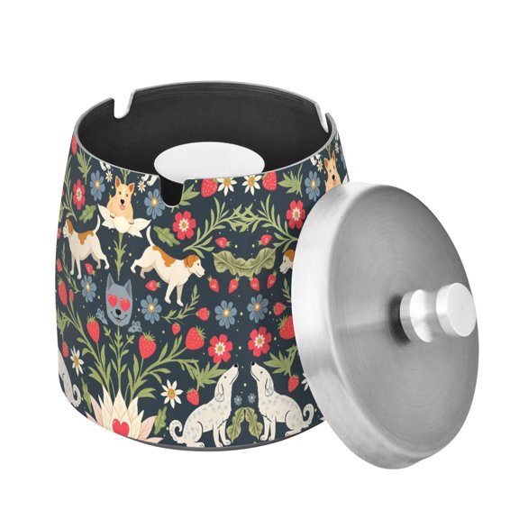 Yayeee Ashtray with Lid for Cigarette Smokeless Stainless Steel Home Windproof Ash Holder, Floral Dogs Pattern