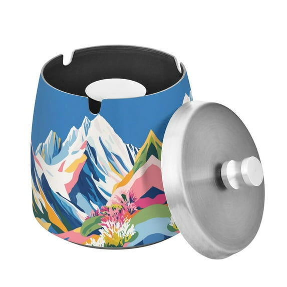 Yayeee Ashtray with Lid for Cigarette Smokeless Stainless Steel Home Ash Holder, Abstract Snow Mountain