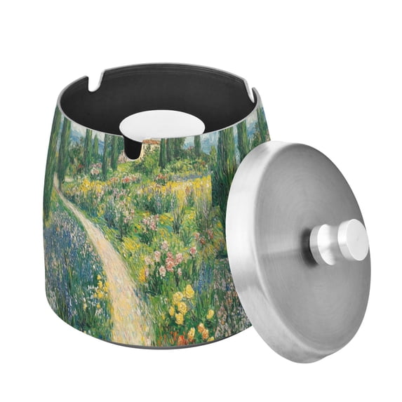 Yayeee Ashtray with Lid for Cigarette Smokeless Stainless Steel Home Ash Holder, Art Garden Scene