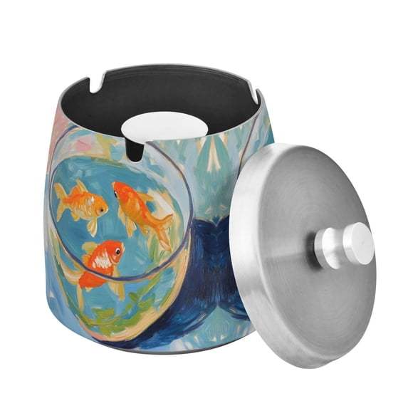 Yayeee Ashtray with Lid for Cigarette Smokeless Stainless Steel Home Ash Holder, Art Goldfish
