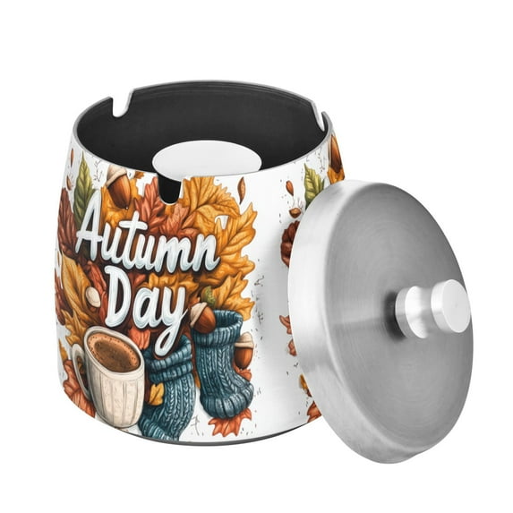 Yayeee Ashtray with Lid for Cigarette Smokeless Stainless Steel Home Ash Holder, Autumn Day Pattern