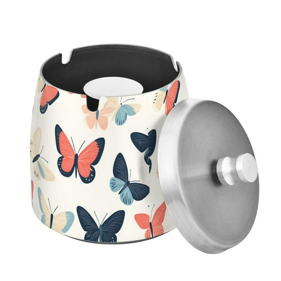 Yayeee Ashtray with Lid for Cigarette Smokeless Stainless Steel Home Ash Holder, Beige Butterflies