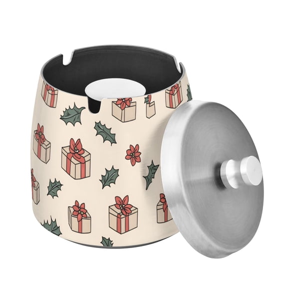 Yayeee Ashtray with Lid for Cigarette Smokeless Stainless Steel Home Ash Holder, Beige Christmas Box Pattern