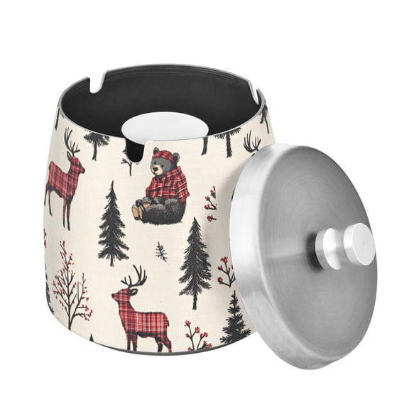 Yayeee Ashtray with Lid for Cigarette Smokeless Stainless Steel Home Ash Holder, Beige Christmas Plaid