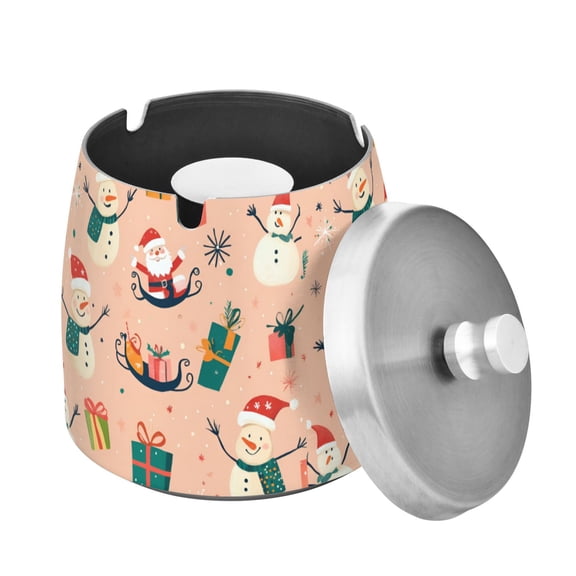 Yayeee Ashtray with Lid for Cigarette Smokeless Stainless Steel Home Ash Holder, Beige Christmas Snowman