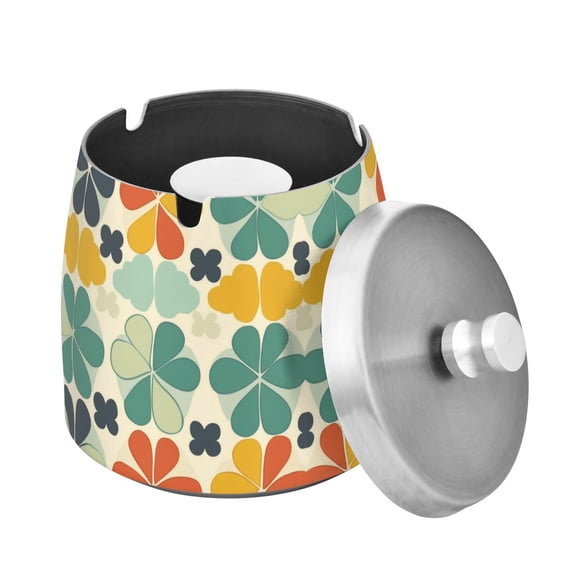 Yayeee Ashtray with Lid for Cigarette Smokeless Stainless Steel Home Ash Holder, Beige Clover Pattern