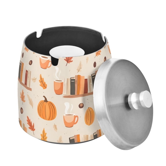 Yayeee Ashtray with Lid for Cigarette Smokeless Stainless Steel Home Ash Holder, Beige Fall Acorns Pattern