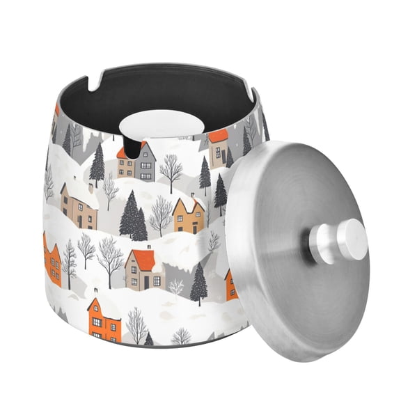 Yayeee Ashtray with Lid for Cigarette Smokeless Stainless Steel Home Ash Holder, Beige Snow Houses