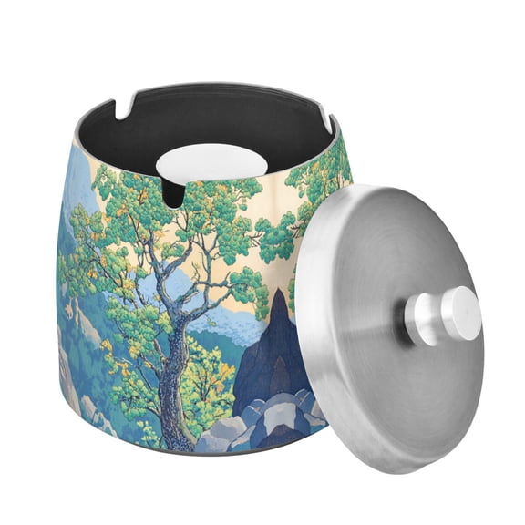 Yayeee Ashtray with Lid for Cigarette Smokeless Stainless Steel Home Ash Holder, Beige Tree