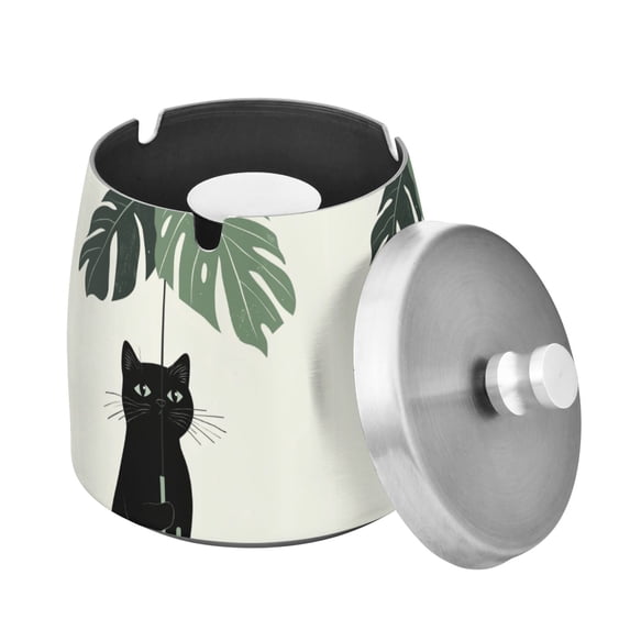 Yayeee Ashtray with Lid for Cigarette Smokeless Stainless Steel Home Ash Holder, Black Cat Umbrella