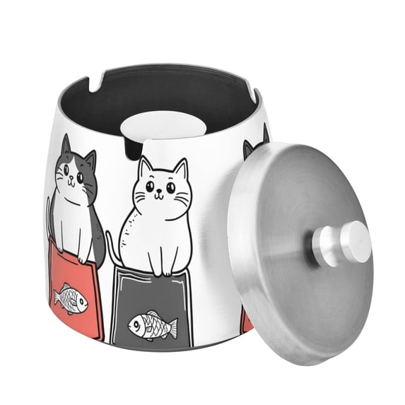 Yayeee Ashtray with Lid for Cigarette Smokeless Stainless Steel Home Ash Holder, Black Chubby Cat