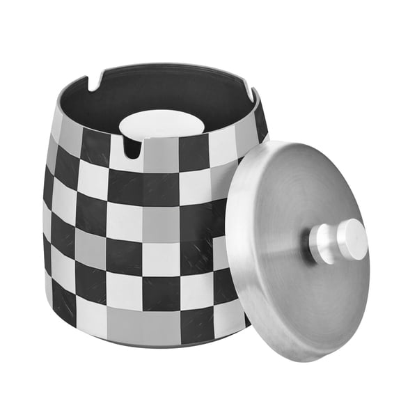 Yayeee Ashtray with Lid for Cigarette Smokeless Stainless Steel Home Ash Holder, Black and Gray Plaid Pattern