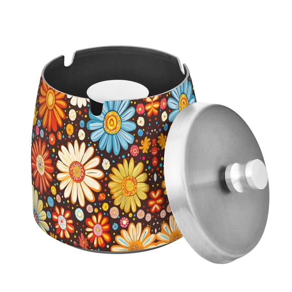 Yayeee Ashtray with Lid for Cigarette Smokeless Stainless Steel Home Ash Holder, Blooming Flowers