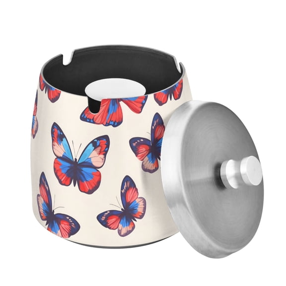 Yayeee Ashtray with Lid for Cigarette Smokeless Stainless Steel Home Ash Holder, Blue Butterflies