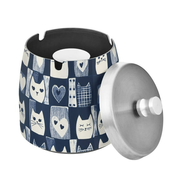 Yayeee Ashtray with Lid for Cigarette Smokeless Stainless Steel Home Ash Holder, Blue Cats and Hearts