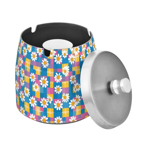 Yayeee Ashtray with Lid for Cigarette Smokeless Stainless Steel Home Ash Holder, Blue Checkered Daisy
