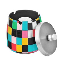 Yayeee Ashtray with Lid for Cigarette Smokeless Stainless Steel Home Ash Holder, Blue Checkered Pattern