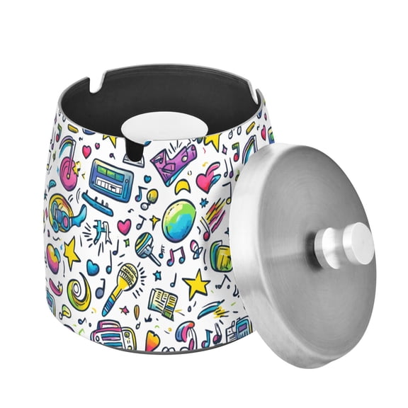 Yayeee Ashtray with Lid for Cigarette Smokeless Stainless Steel Home Ash Holder, Blue Doodle Pattern