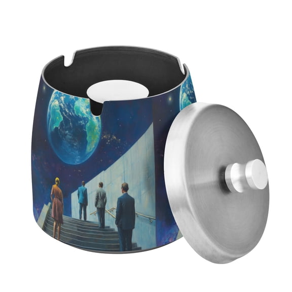 Yayeee Ashtray with Lid for Cigarette Smokeless Stainless Steel Home Ash Holder, Blue Planet