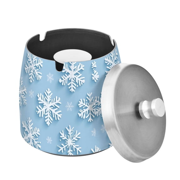 Yayeee Ashtray with Lid for Cigarette Smokeless Stainless Steel Home Ash Holder, Blue Snowflake