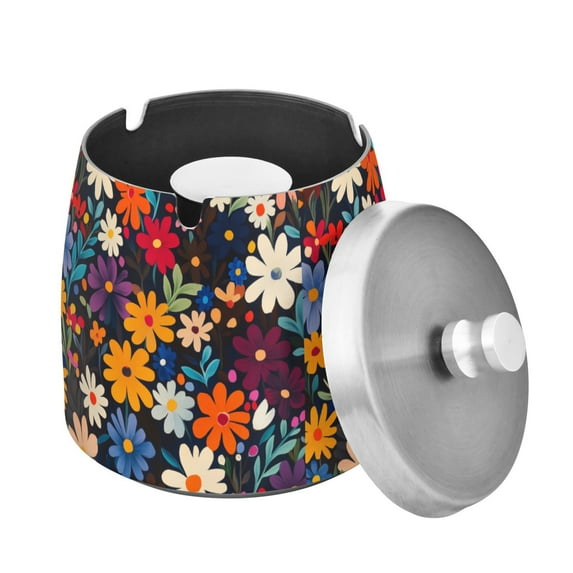 Yayeee Ashtray with Lid for Cigarette Smokeless Stainless Steel Home Ash Holder, Bright Colorful Flowers Pattern