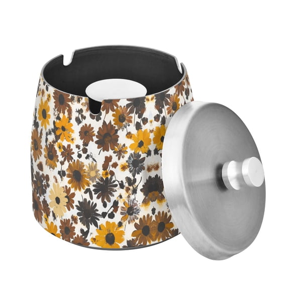 Yayeee Ashtray with Lid for Cigarette Smokeless Stainless Steel Home Ash Holder, Brown Flowers