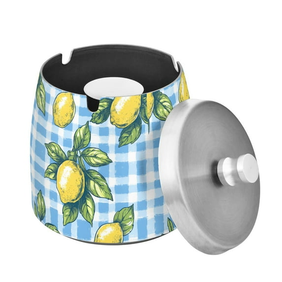 Yayeee Ashtray with Lid for Cigarette Smokeless Stainless Steel Home Ash Holder, Cartoon Plaid Lemon