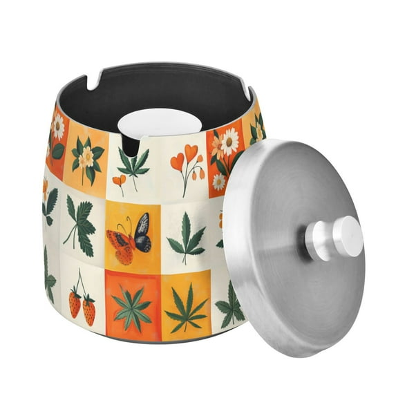 Yayeee Ashtray with Lid for Cigarette Smokeless Stainless Steel Home Ash Holder, Cartoon Plants