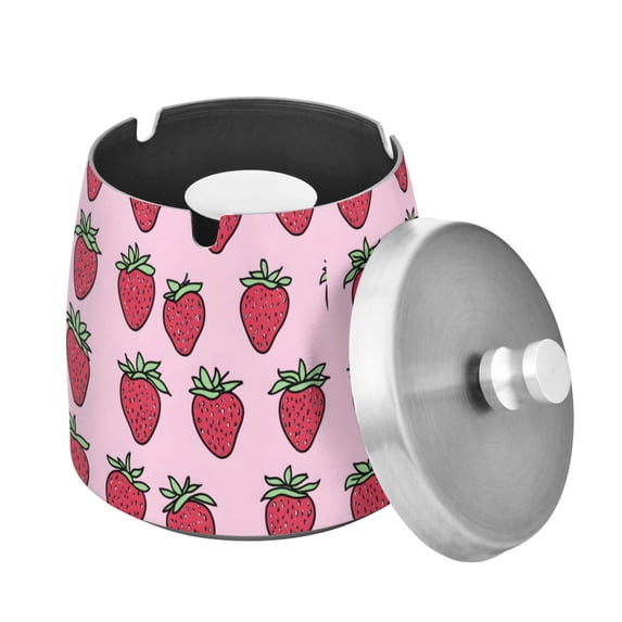 Yayeee Ashtray with Lid for Cigarette Smokeless Stainless Steel Home Ash Holder, Cartoon Strawberry