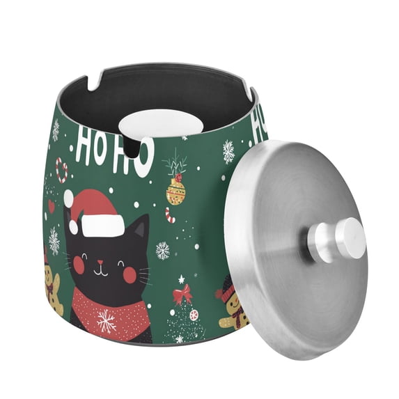 Yayeee Ashtray with Lid for Cigarette Smokeless Stainless Steel Home Ash Holder, Christmas Cat
