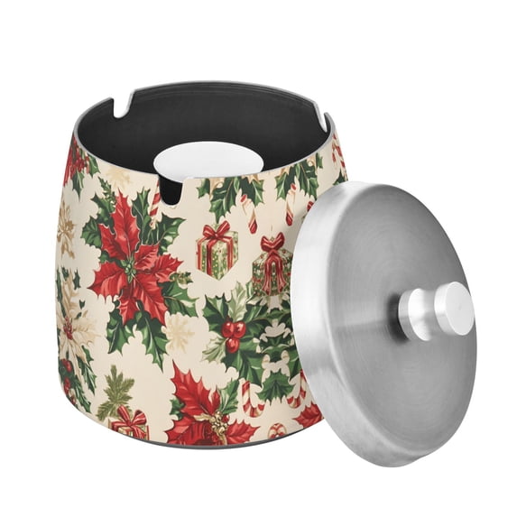 Yayeee Ashtray with Lid for Cigarette Smokeless Stainless Steel Home Ash Holder, Christmas Poinsettia