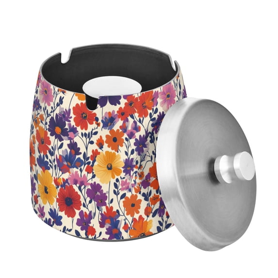 Yayeee Ashtray with Lid for Cigarette Smokeless Stainless Steel Home Ash Holder, Colorful Flowers Pattern