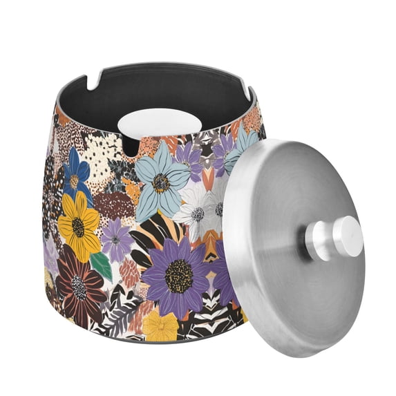 Yayeee Ashtray with Lid for Cigarette Smokeless Stainless Steel Home Ash Holder, Colorful Flowers