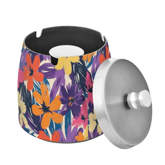 Yayeee Ashtray with Lid for Cigarette Smokeless Stainless Steel Home Ash Holder, Colorful Painted Flowers Pattern