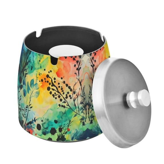 Yayeee Ashtray with Lid for Cigarette Smokeless Stainless Steel Home Ash Holder, Colorful Plants