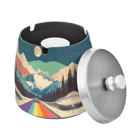 Yayeee Ashtray with Lid for Cigarette Smokeless Stainless Steel Home Ash Holder, Colorful Road at Night