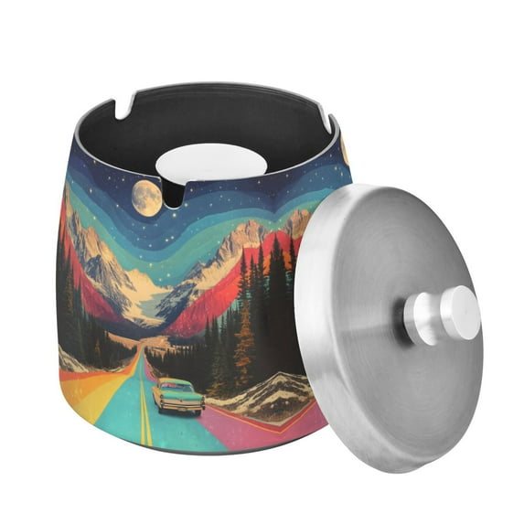 Yayeee Ashtray with Lid for Cigarette Smokeless Stainless Steel Home Ash Holder, Colorful Road