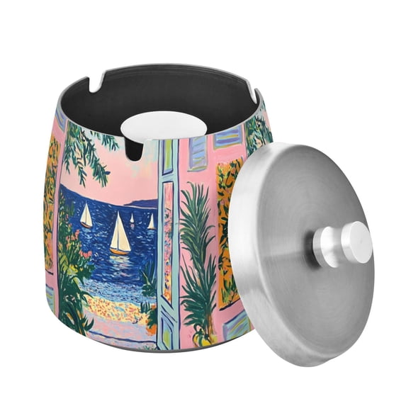 Yayeee Ashtray with Lid for Cigarette Smokeless Stainless Steel Home Ash Holder, Colorful Seaside