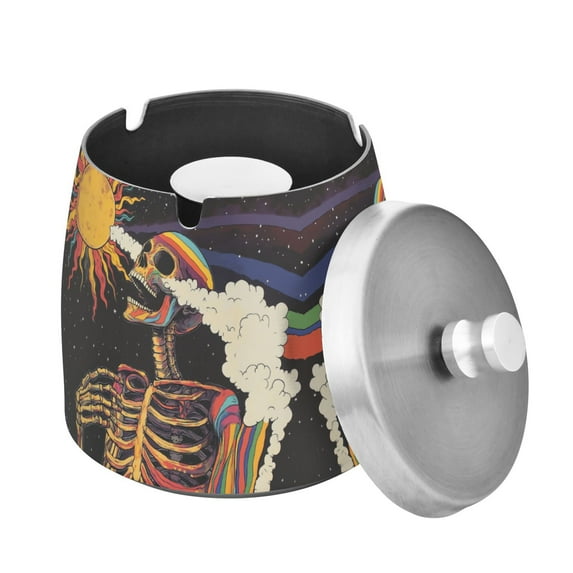 Yayeee Ashtray with Lid for Cigarette Smokeless Stainless Steel Home Ash Holder, Colorful Skeleton with Cloud