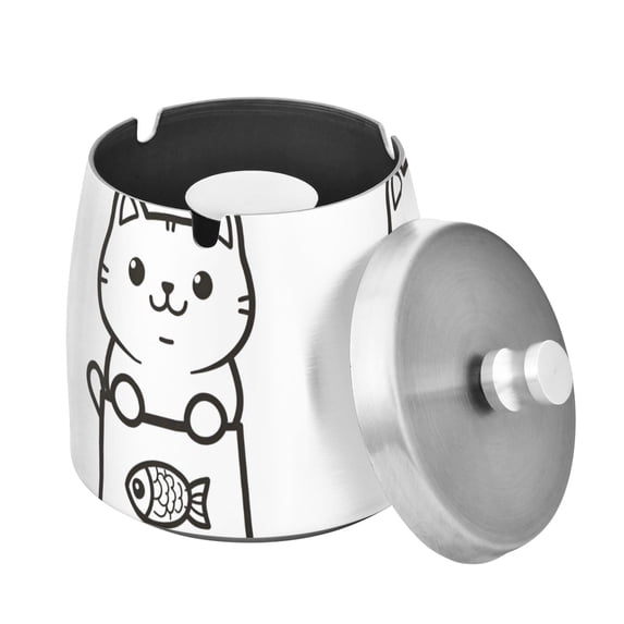 Yayeee Ashtray with Lid for Cigarette Smokeless Stainless Steel Home Ash Holder, Cute Chubby Cat