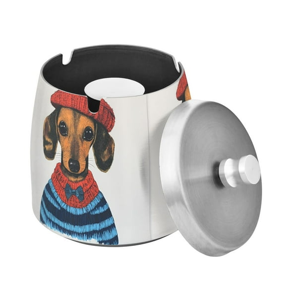 Yayeee Ashtray with Lid for Cigarette Smokeless Stainless Steel Home Ash Holder, Cute Dog Artist