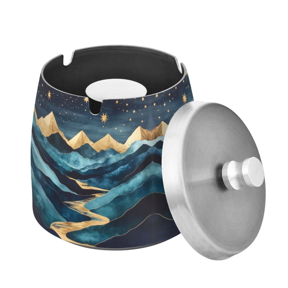 Yayeee Ashtray with Lid for Cigarette Smokeless Stainless Steel Home Ash Holder, Dark Mountains