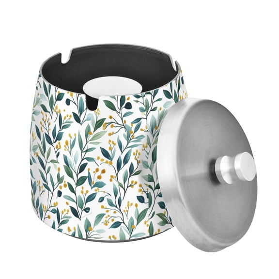 Yayeee Ashtray with Lid for Cigarette Smokeless Stainless Steel Home Ash Holder, Darker Leafy Pattern