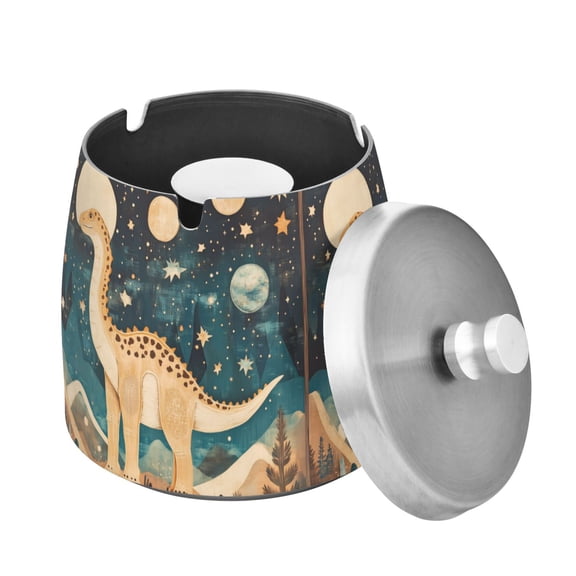 Yayeee Ashtray with Lid for Cigarette Smokeless Stainless Steel Home Ash Holder, Dinosaur at Night