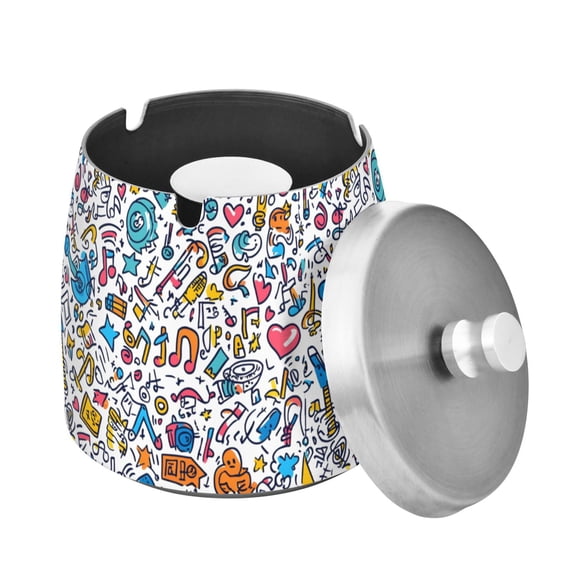 Yayeee Ashtray with Lid for Cigarette Smokeless Stainless Steel Home Ash Holder, Doodle Pattern