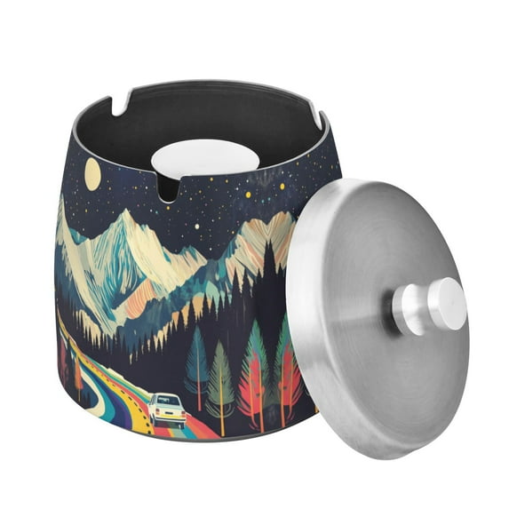 Yayeee Ashtray with Lid for Cigarette Smokeless Stainless Steel Home Ash Holder, Evening Mountain Road